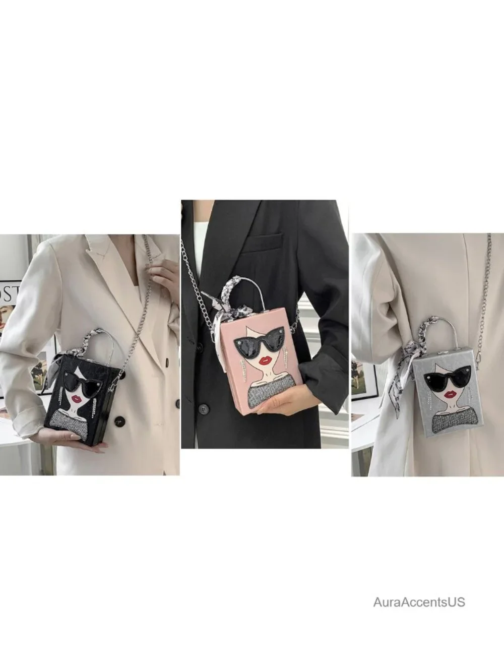 Quilted Novelty Lady Face Crossbody PU Leather Satchel Handbag 3D Earrings Charm